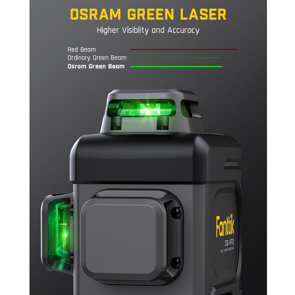 Fanttik D16 APEX Laser Level with Osram Green Laser technology and digital display for higher visibility and accuracy.