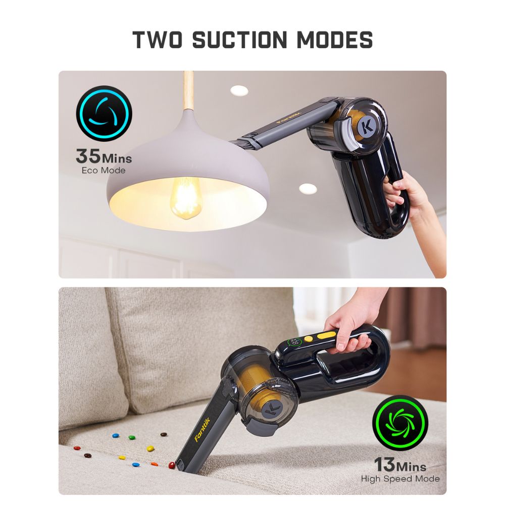 Fanttik V10 Apex vacuum: 35 min Eco Mode under lamp, 13 min High Speed Mode on sofa.