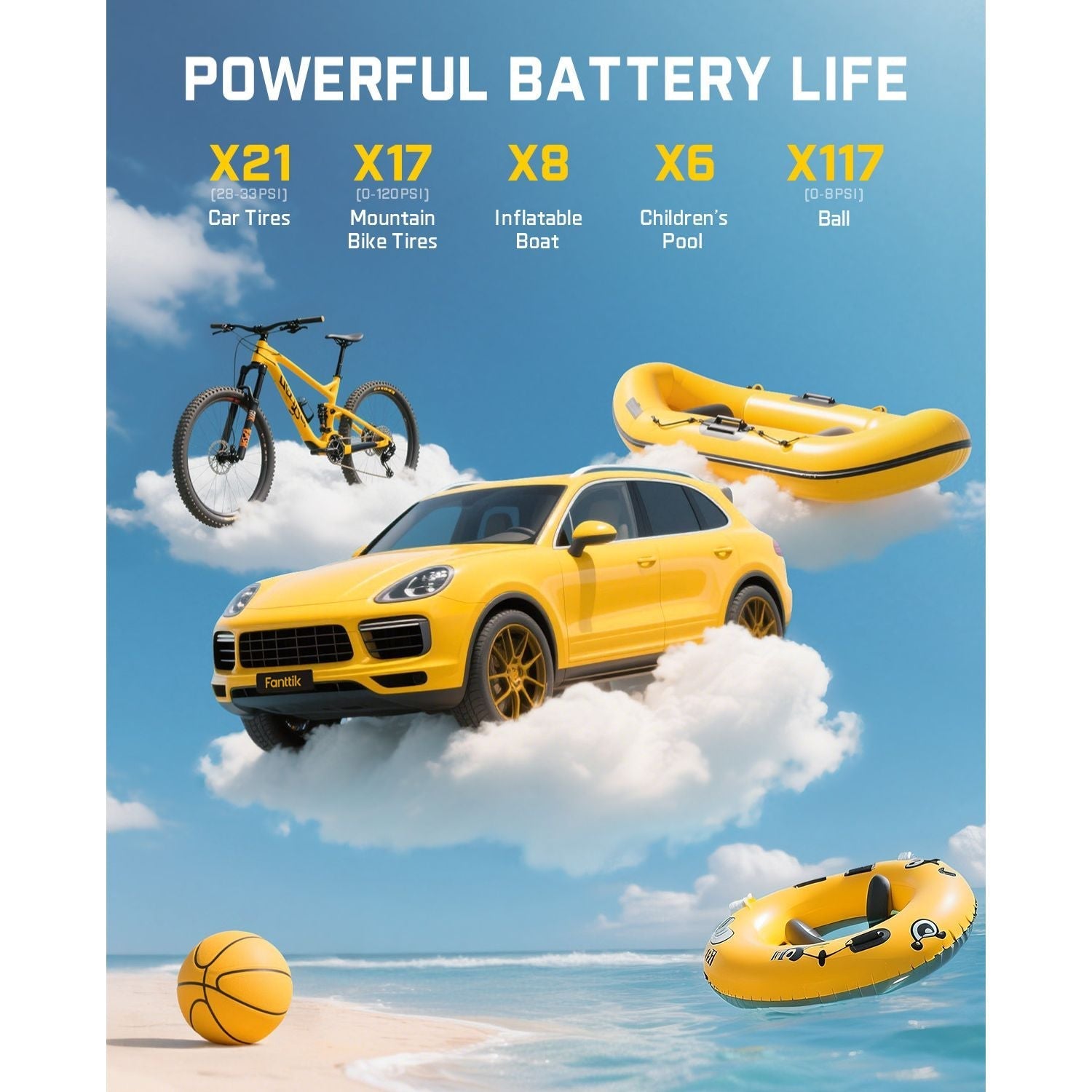Fanttik X9 Classic tire inflator featuring yellow SUV, bike, boat, and ball. Highlights powerful battery for car, bike, boat, pool, and ball inflation.