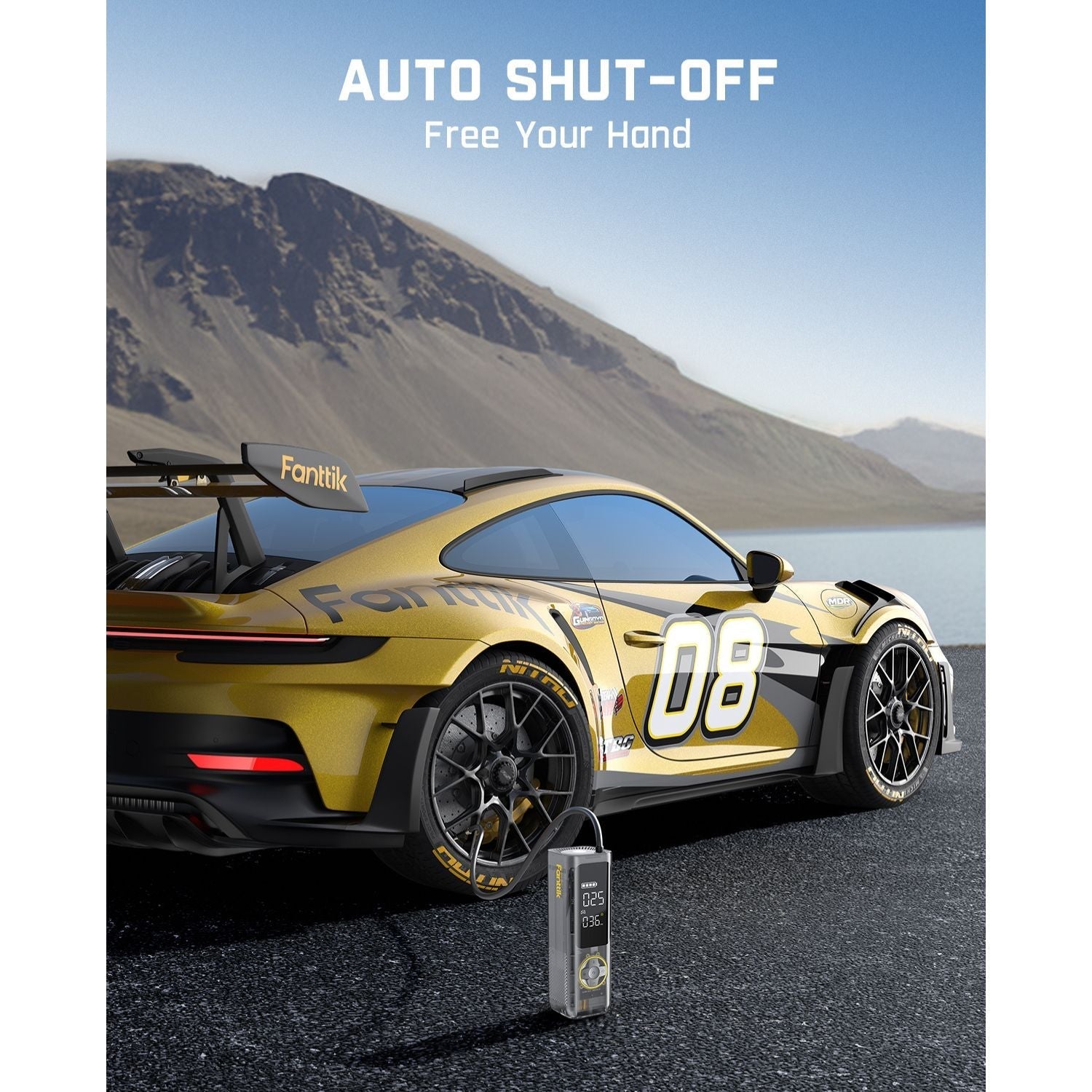 Fanttik X8 APEX tire inflator shown with a yellow sports car, highlighting auto shut-off feature.
