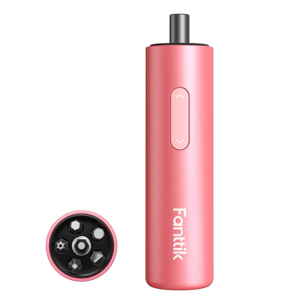 Pink Fanttik S1 Capsule cordless screwdriver with magnetic bit storage cap.