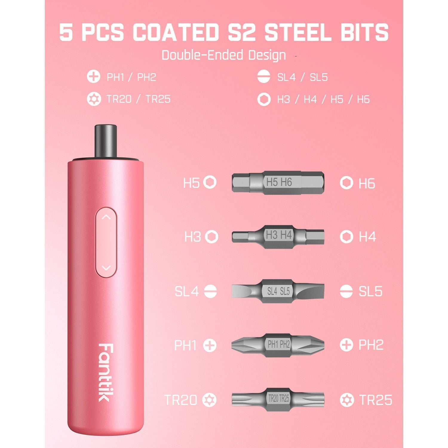 Pink Fanttik S1 Capsule cordless screwdriver with 5 double-ended S2 steel bits: PH1/PH2, TR20/TR25, SL4/SL5, H3/H4/H5/H6.