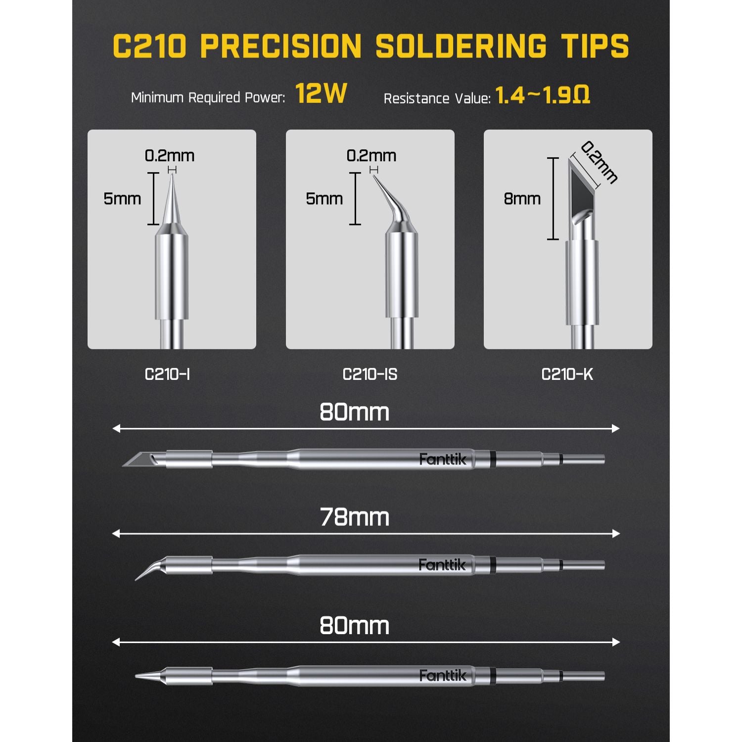 C210 precision soldering tips for Fanttik T1 Max: C210-I, C210-IS, C210-K, 12W, 1.4-1.9Ω