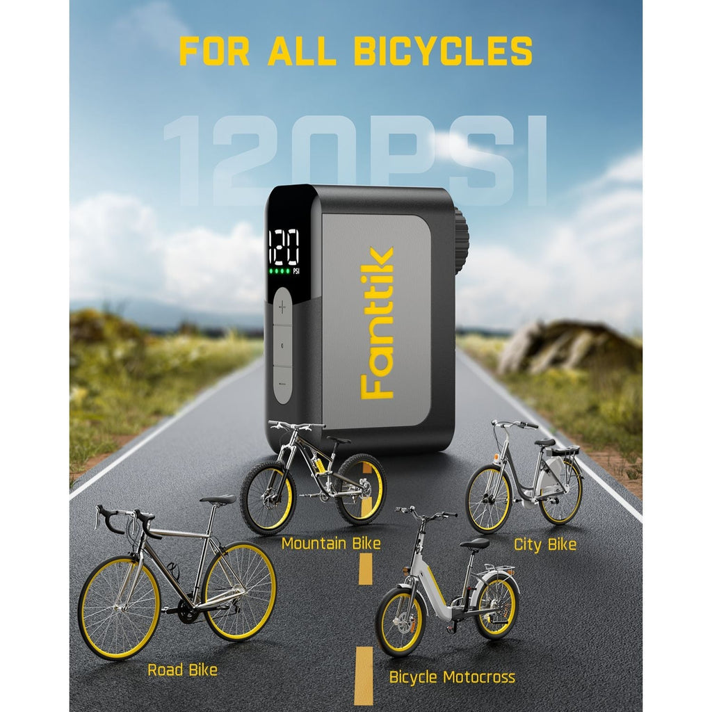Fanttik X10 Ace mini bike pump displays 120 PSI, designed for all bicycles: Road, Mountain, City, and Motocross bikes.