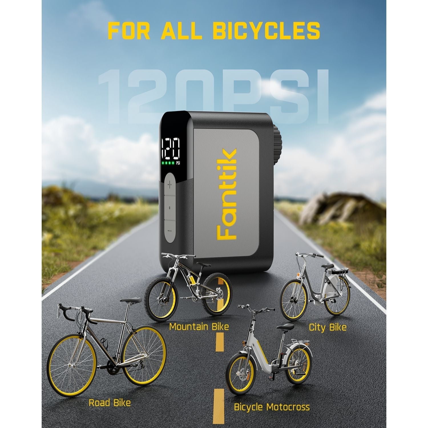 Fanttik X10 Ace mini bike pump displays 120 PSI, designed for all bicycles: Road, Mountain, City, and Motocross bikes.