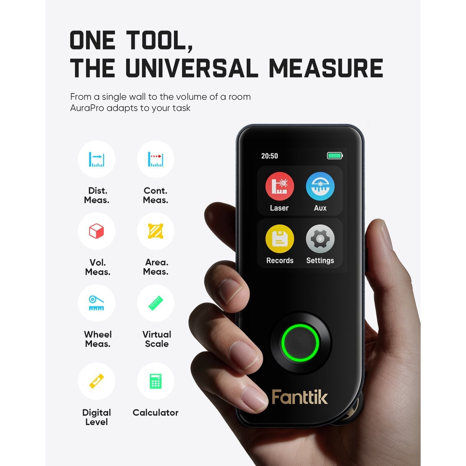 Hand holding a Fanttik A11 Ultra 3-in-1 Laser Measuring Tool with various measurement functions displayed on the screen, branded as Fantik.