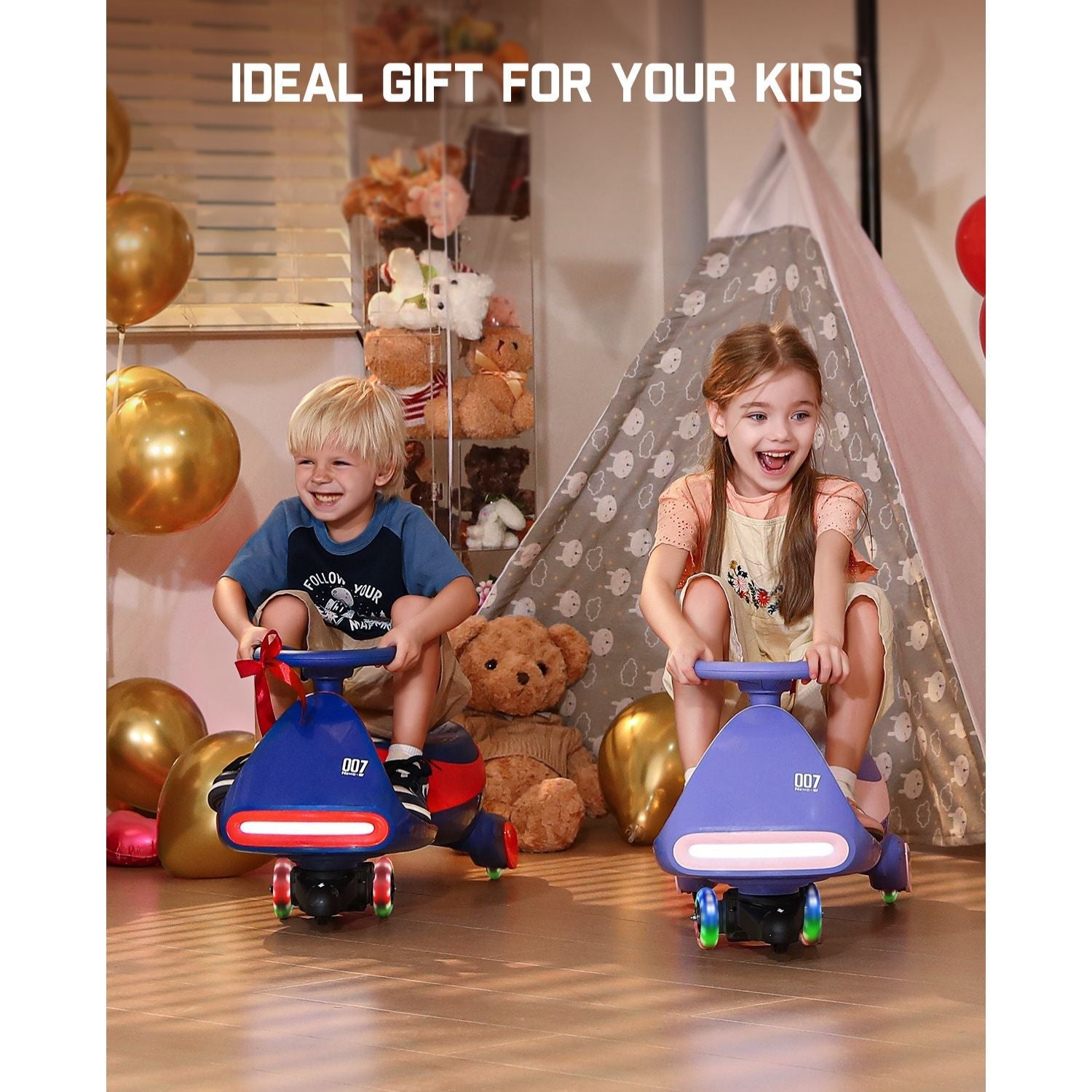 Children riding blue FanttikRide N7 Classic 6V electric wiggle cars with flashing wheels, ideal gift for kids.