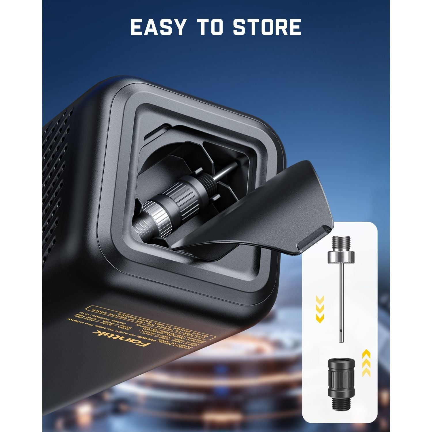 Fanttik X9 APEX tire inflator with built-in hose storage and nozzle adapter