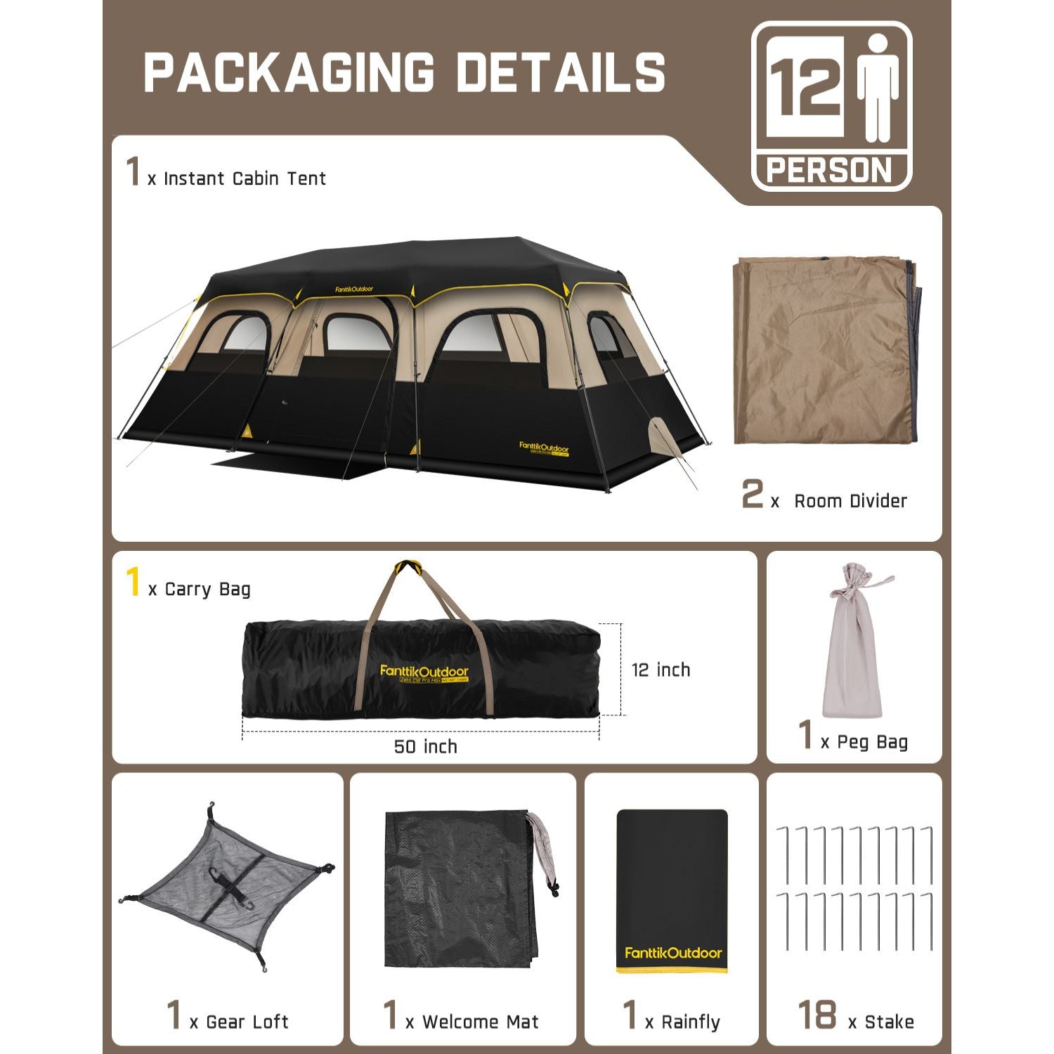 FanttikOutdoor Zeta C12 Pro Max 12-person tent packaging: includes tent, dividers, carry bag, stakes, welcome mat, rainfly.