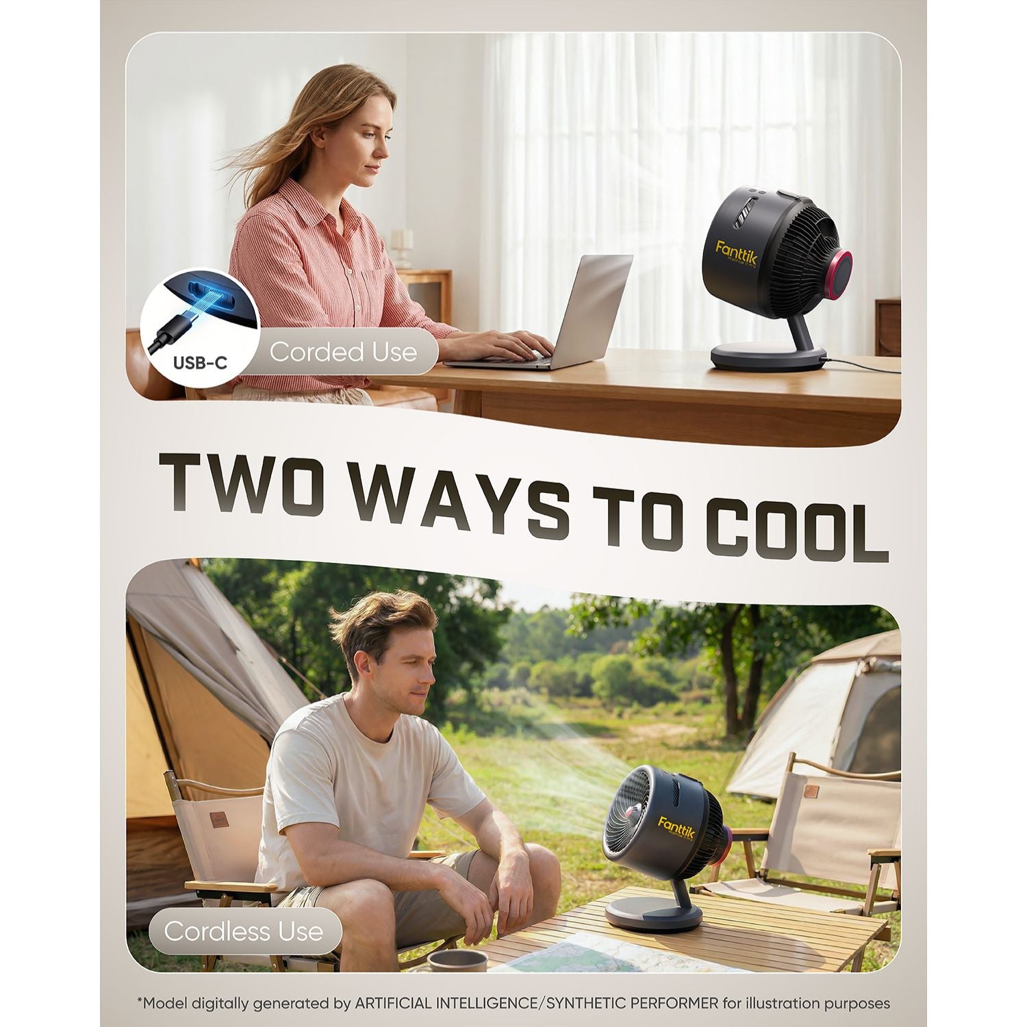 Person using a laptop with a Fanttik MistFlow 11 Pro Cordless Misting Fan on a desk, followed by a person sitting outdoors with a different fan, with text 'Two Ways to Cool' and 'Corded Use' and 'Cordless Use'.
