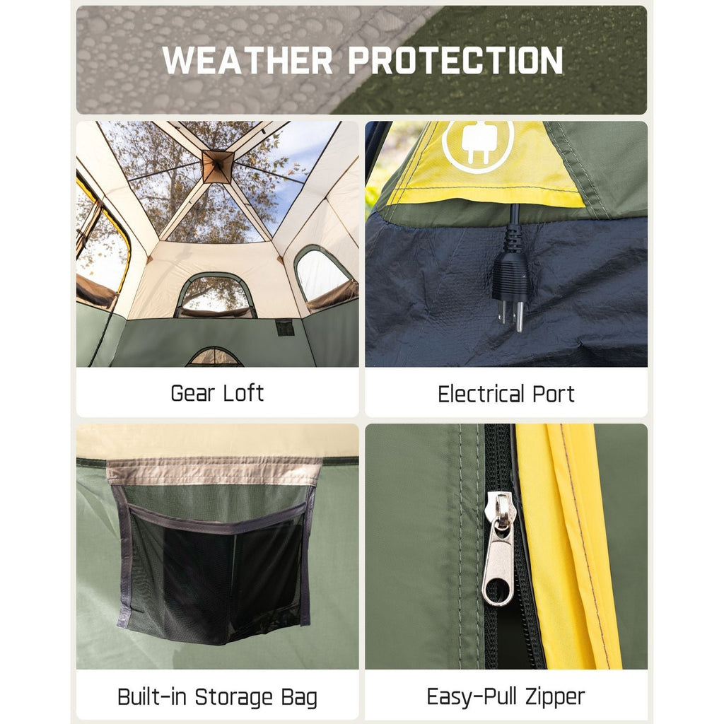 FanttikOutdoor Zeta C10 Pro tent: gear loft, electrical port, storage bag, easy-pull zipper for camping.