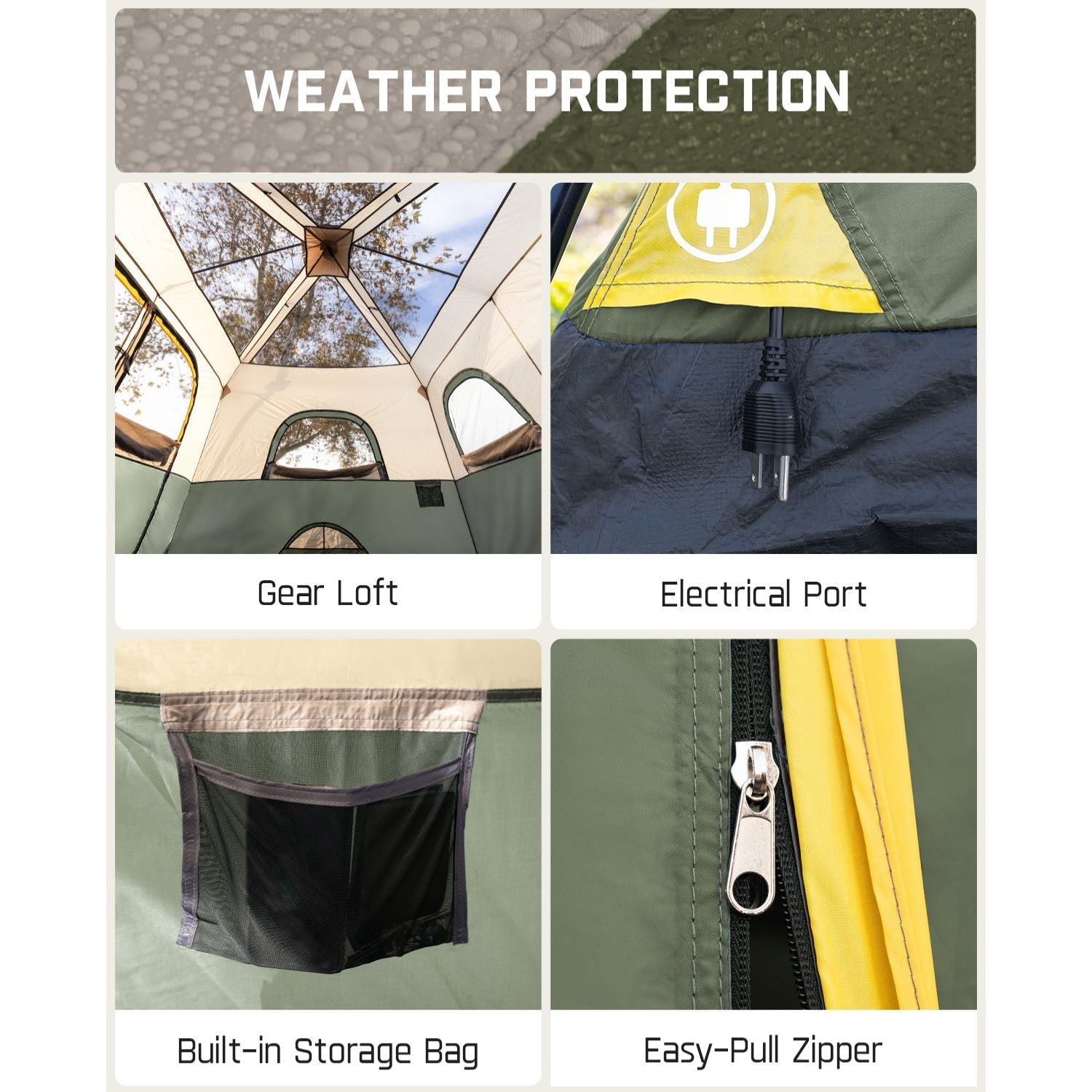 FanttikOutdoor Zeta C10 Pro tent: gear loft, electrical port, storage bag, easy-pull zipper for camping.