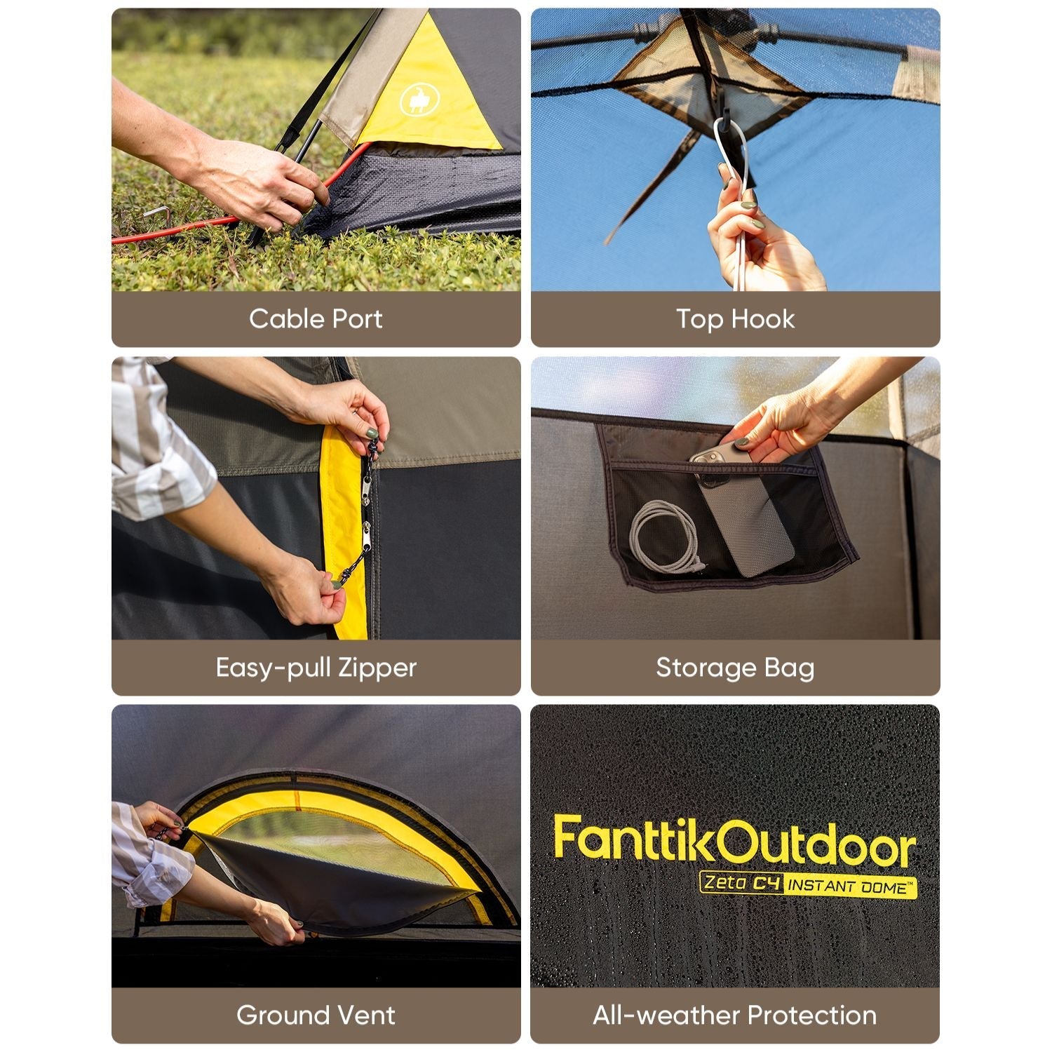 FanttikOutdoor Zeta C4 dome tent features cable port, top hook, zipper, storage bag and ground vent