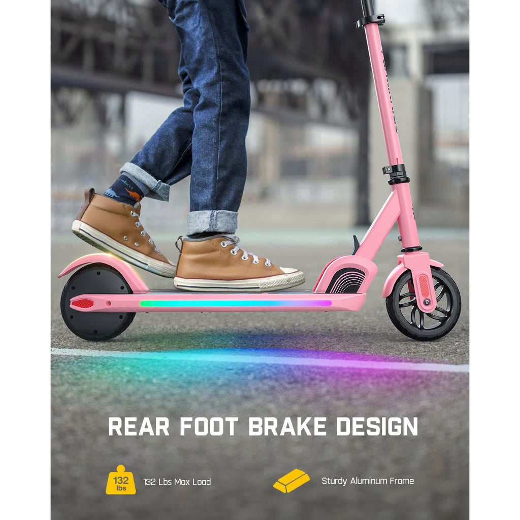 Pink FanttikRide C9 Pro kids electric scooter with LED lights, rear foot brake, and sturdy aluminum frame.