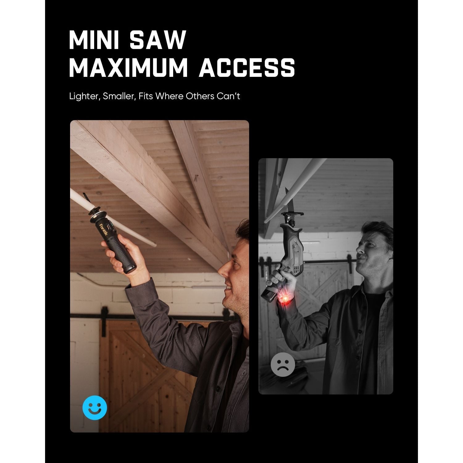 Fanttik R11 Pro cordless reciprocating saw reaching tight overhead spaces
