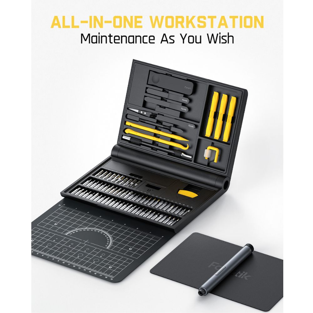 Fanttik E1 NEX Workstation Precision Electric Screwdriver Kit: 64 bits, 12 tools, integrated workbench, magnetic pad for electronics repair.