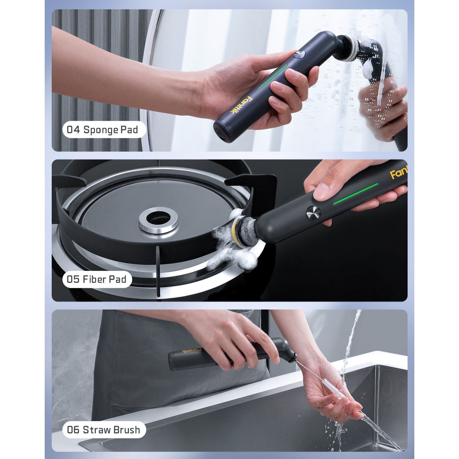 Fanttik G9 Nano Electric Spin Scrubber with sponge pad on glass, fiber pad on stove, and straw brush in sink