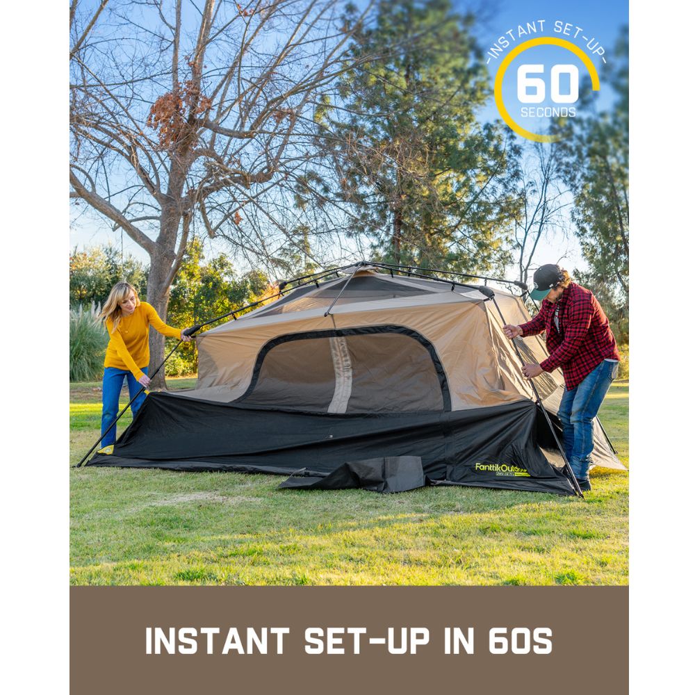 FanttikOutdoor Zeta C8 Pro 8 Person Camping Tent with instant 60-second setup by two people.