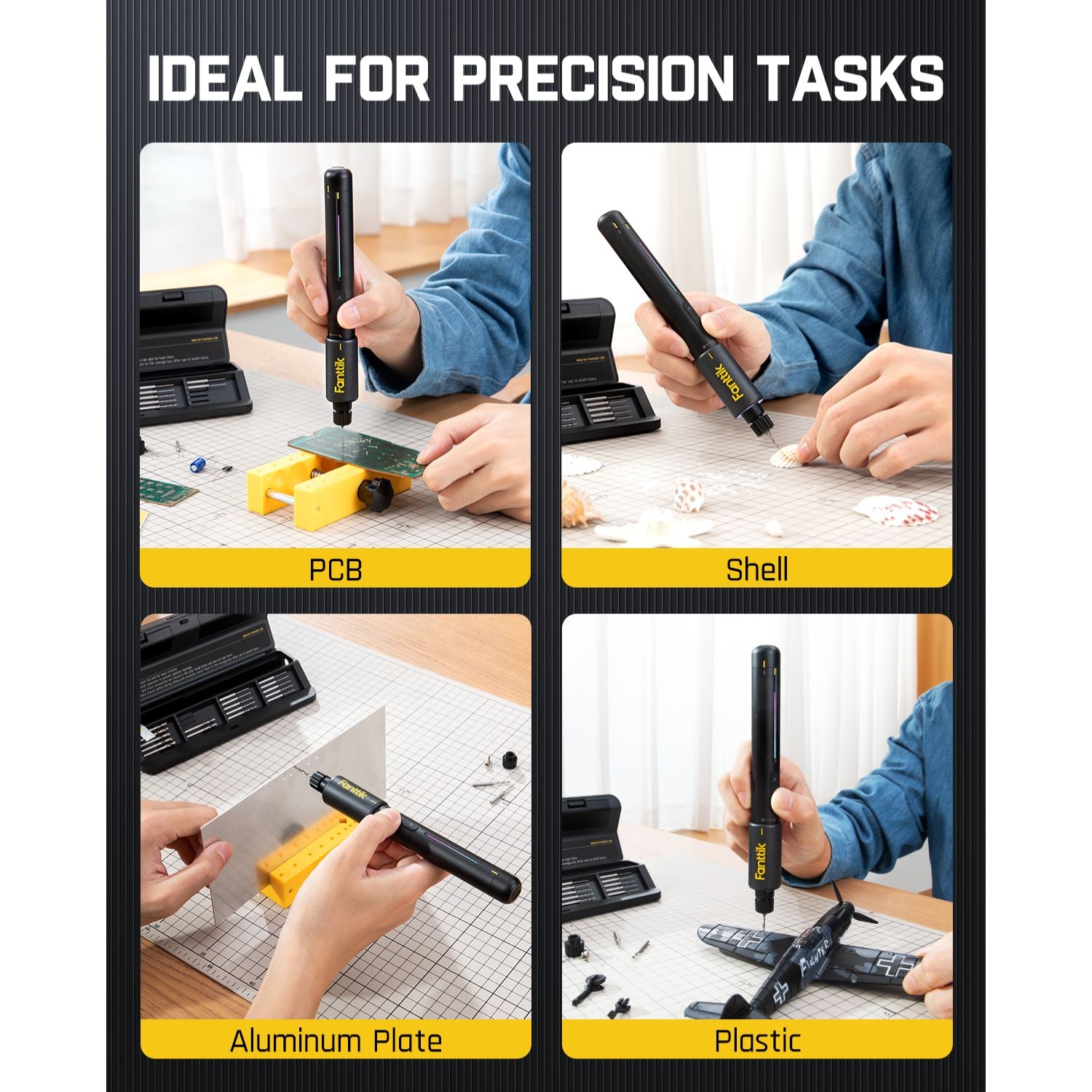 Fanttik K2 Nano power drill used for precision tasks on PCB, shells, aluminum plates, and plastic models.