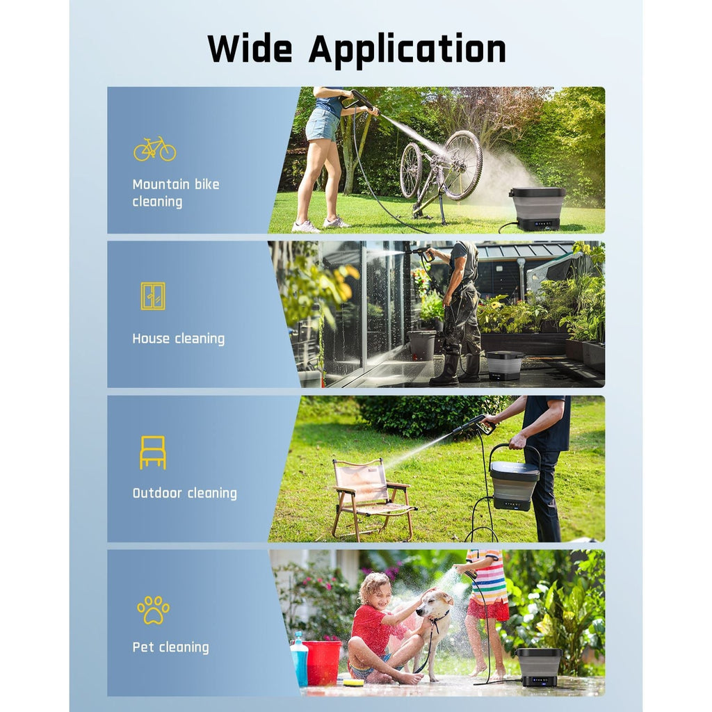 Fanttik NB8 Fold Cordless Pressure Washer applications: mountain bike, house, outdoor, and pet cleaning.