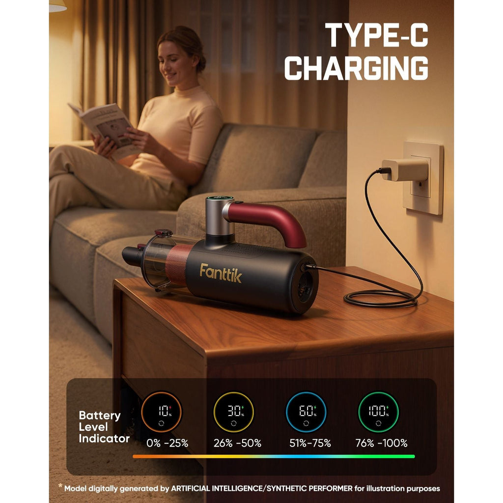 Woman reading a book on a couch with a Fanttik Cruise V11 APEX Cordless Handheld Vacuum charging on a table, emphasizing Type-C charging.