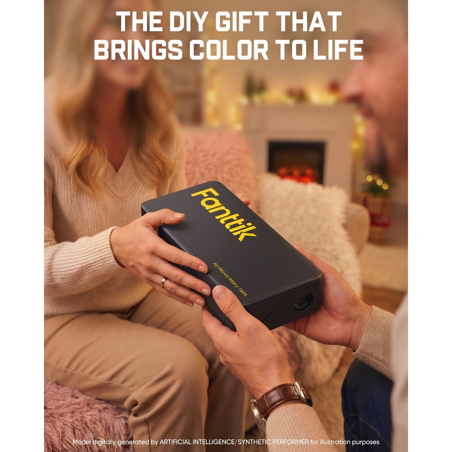 Fanttik F2 Pro Kit cordless rotary tool gift box with yellow logo, held by two people