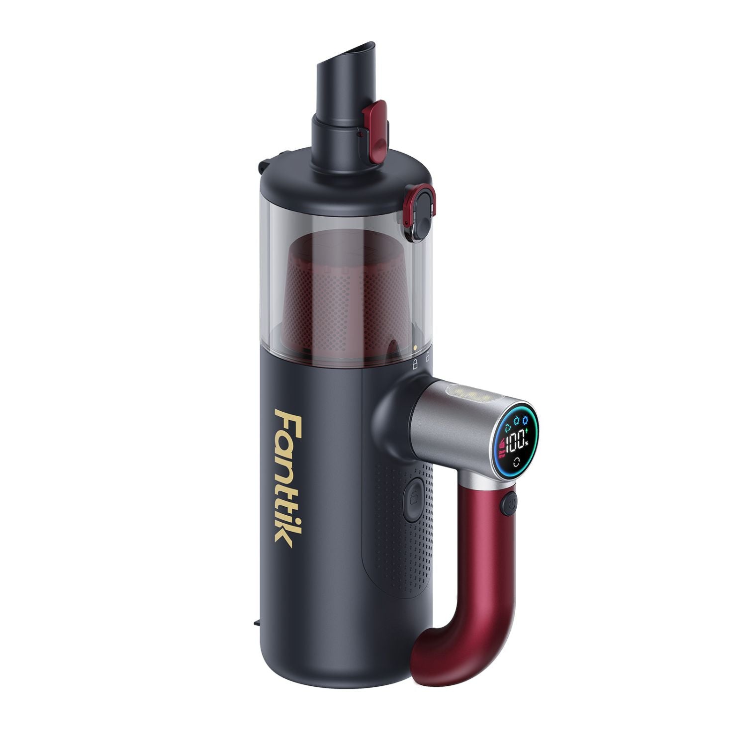 Fanttik Cruise V11 APEX cordless handheld vacuum in black and burgundy with digital display