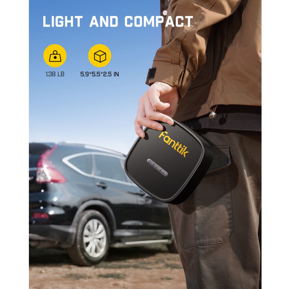 Fanttik X9 SE tire inflator, compact and lightweight at 1.38 lbs and 5.9x5.5x2.5 inches, shown held by a person near a car.