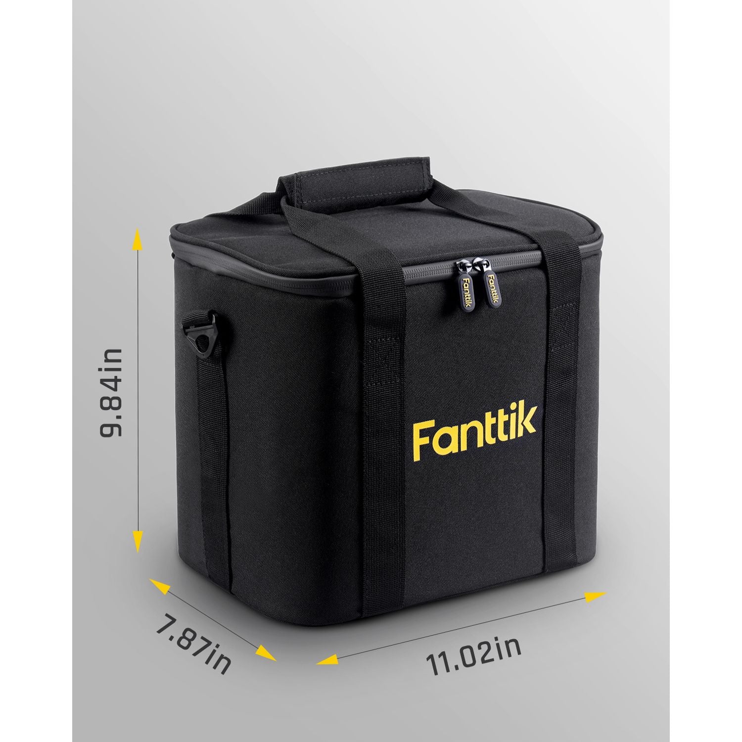 Fanttik X9 Ultra tire inflator carrying bag, black, with dimensions 11.02x7.87x9.84 inches and padded design.