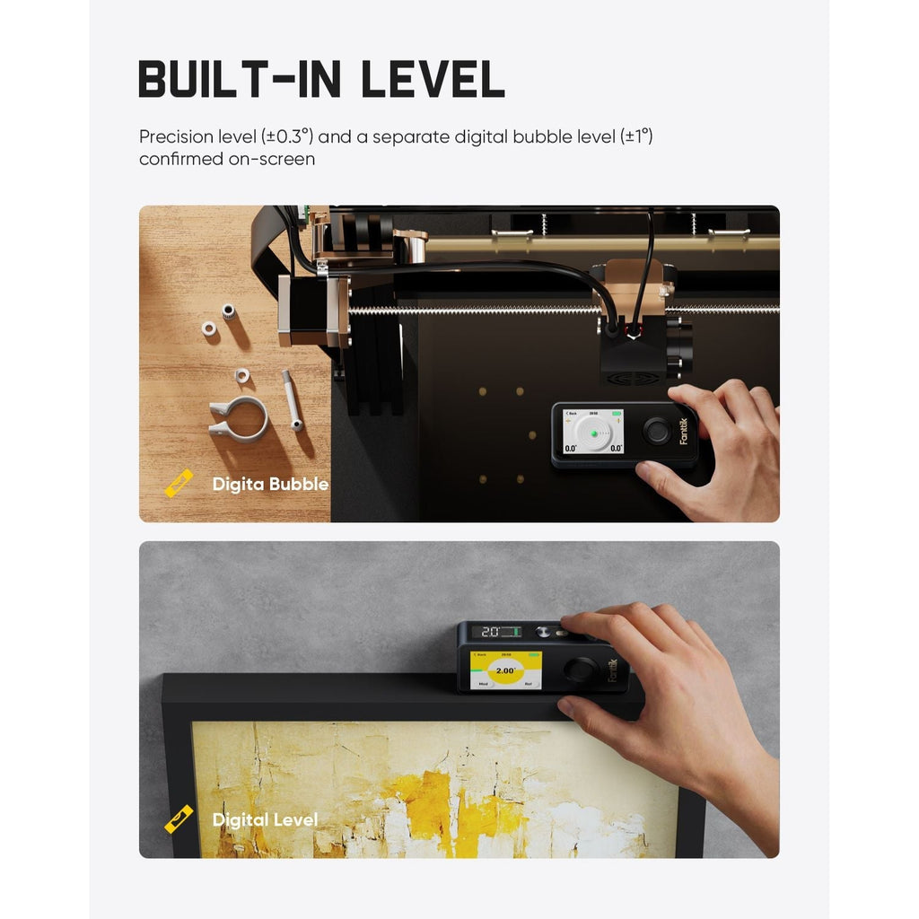 Product with digital bubble level and precision level on a white background