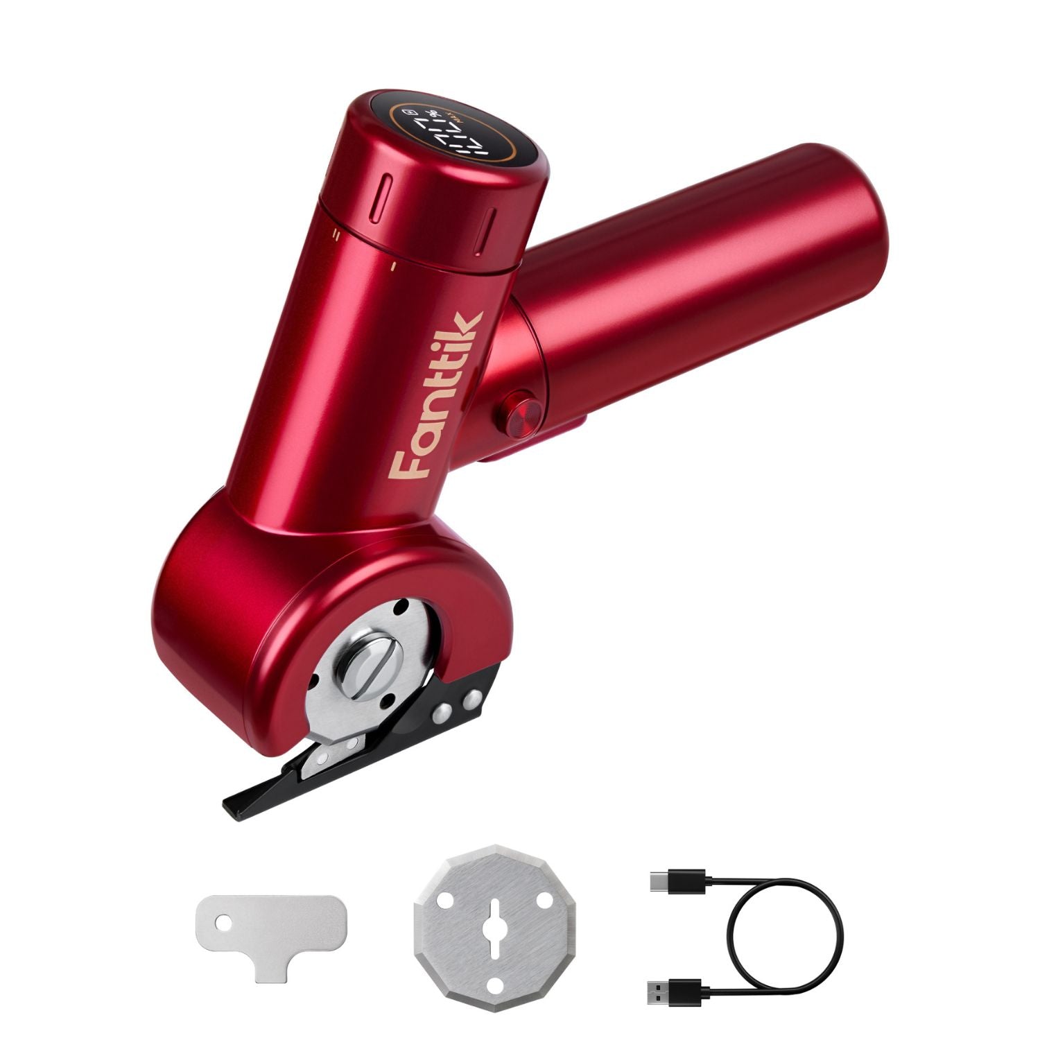 Red Fanttik C8 Nano cordless electric scissors with LED display, blade attachments and USB charging cable