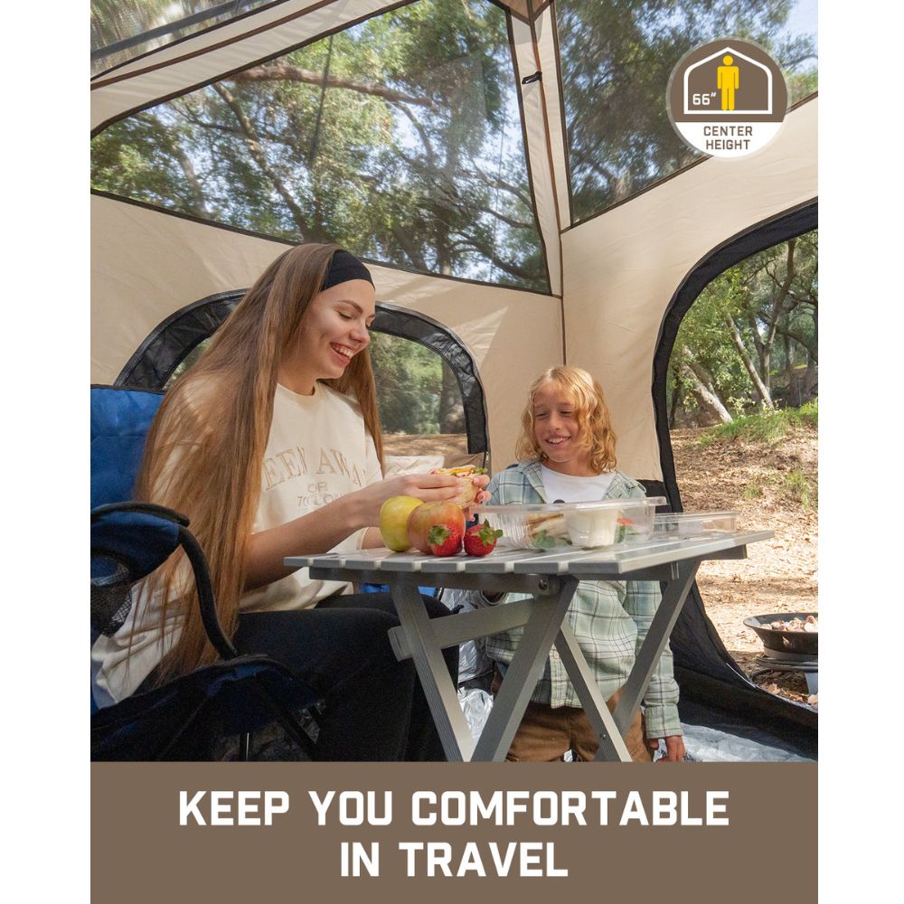 FanttikOutdoor Zeta C6 Pro 6-person tent interior with woman and child at table, 66" center height.