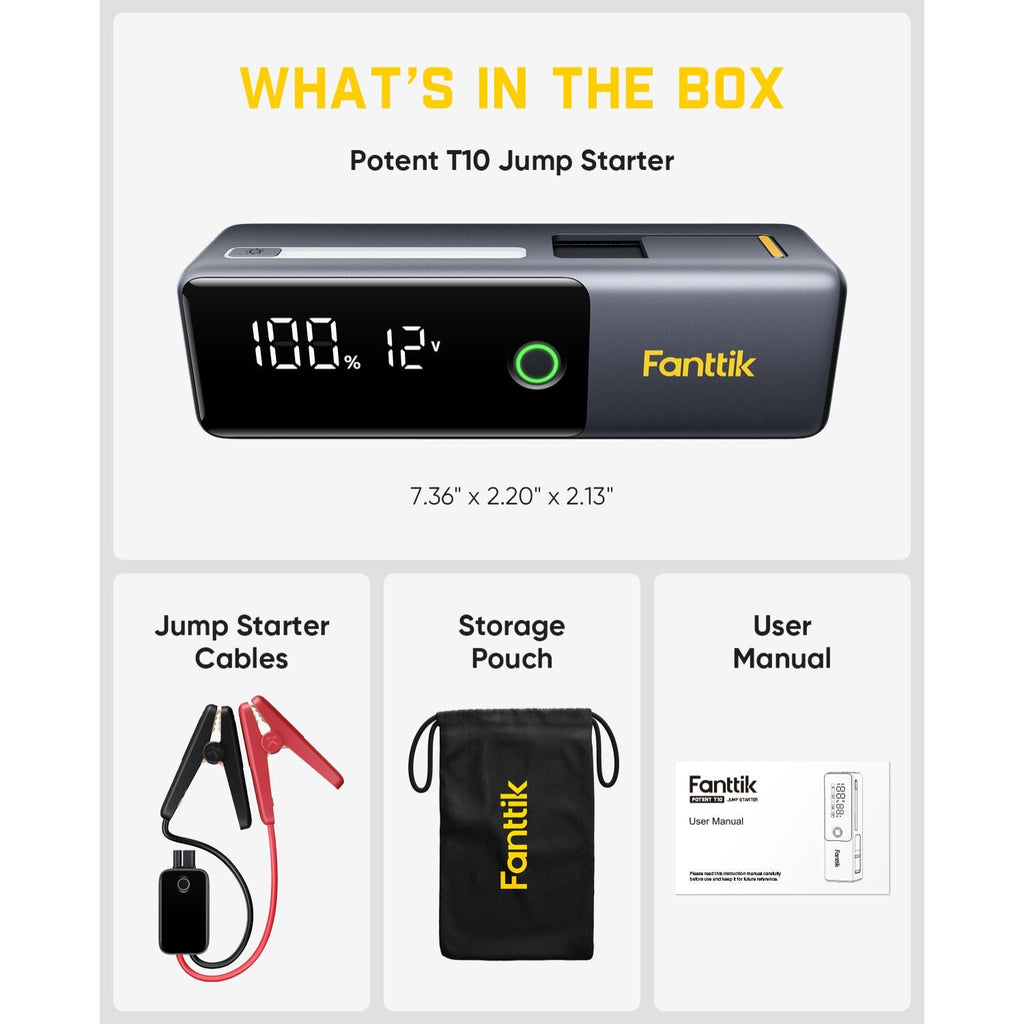 Fanttik Potent T10 jump starter kit with cables, storage pouch, and user manual