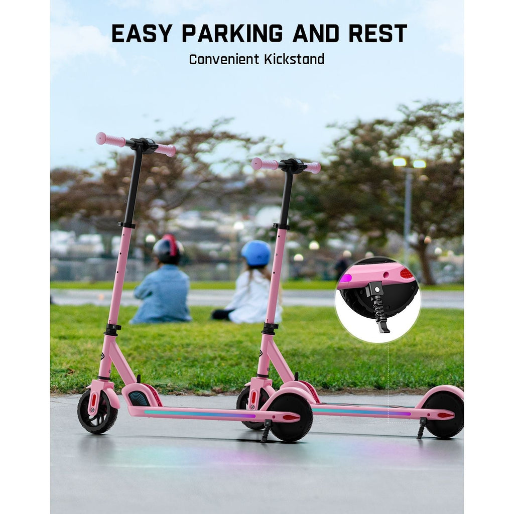 Pink FanttikRide C9 Pro electric scooter for kids with convenient kickstand and easy parking feature.