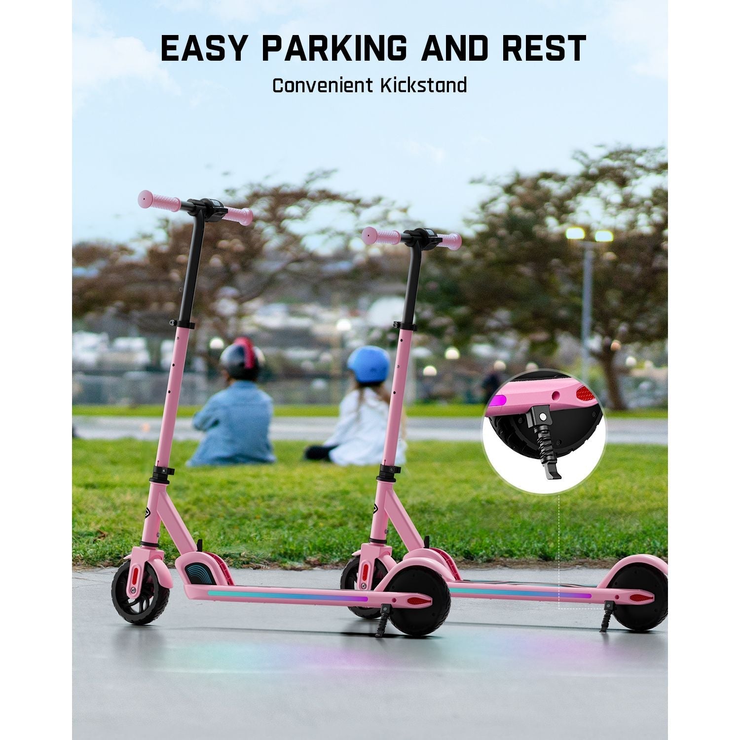 Pink FanttikRide C9 Pro electric scooter for kids with convenient kickstand and easy parking feature.