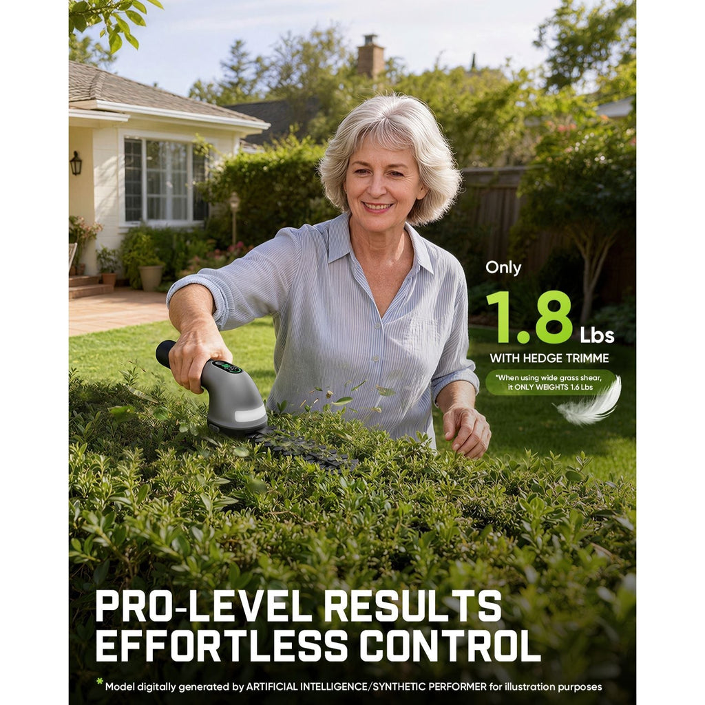 Woman using a hedge trimmer in a garden with text about weight and control.
