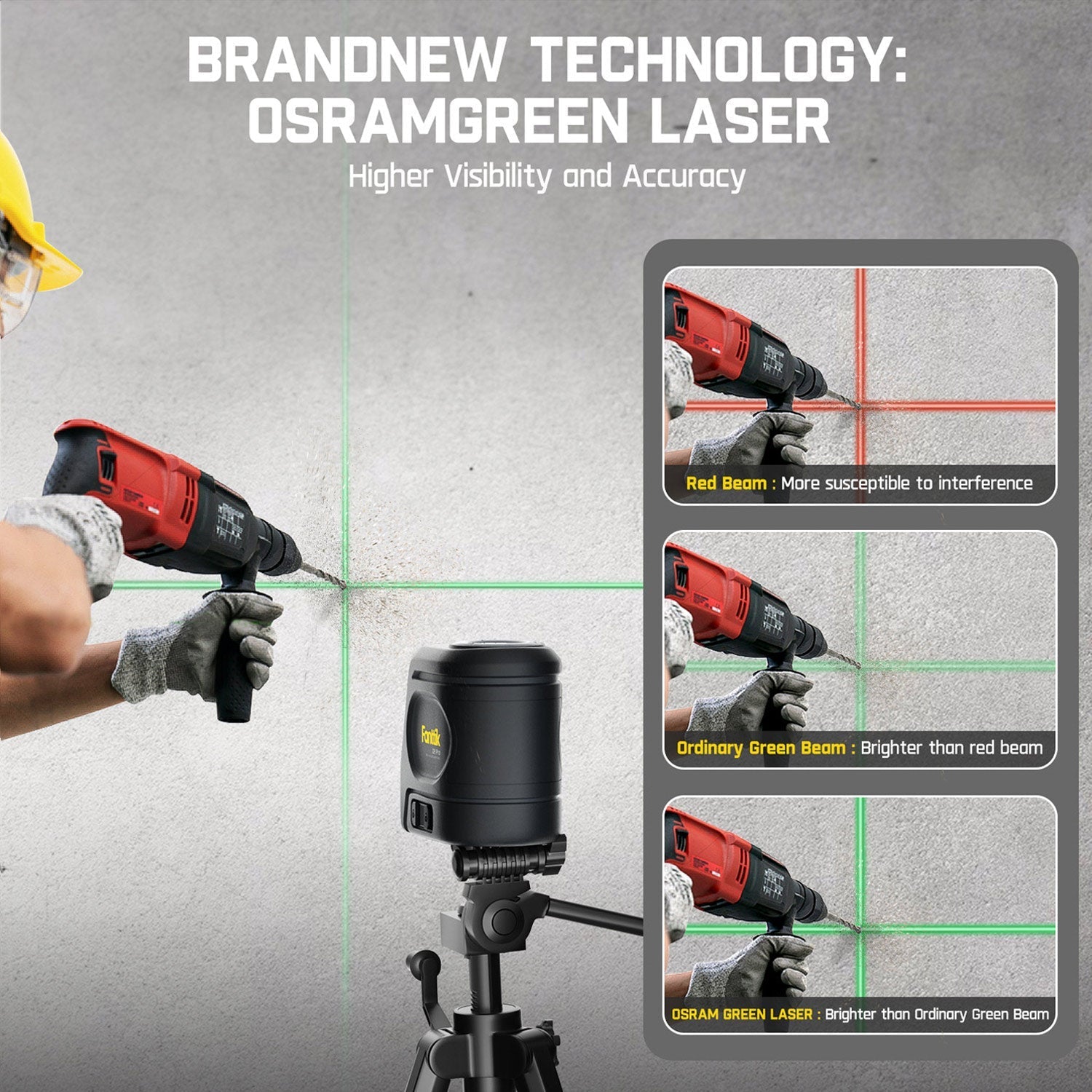 Fanttik D2 PRO laser level: Osram green laser for superior visibility vs red and ordinary green beams. Shows drilling with laser lines.