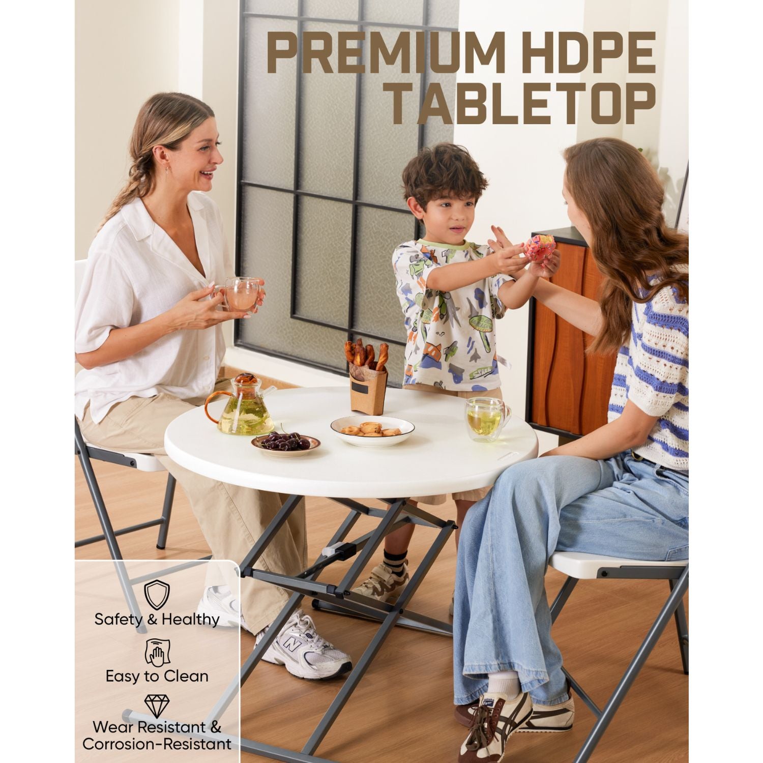 FanttikOutdoor Zeta O3 Pro 32" round folding table, premium HDPE top, adjustable height, easy clean.