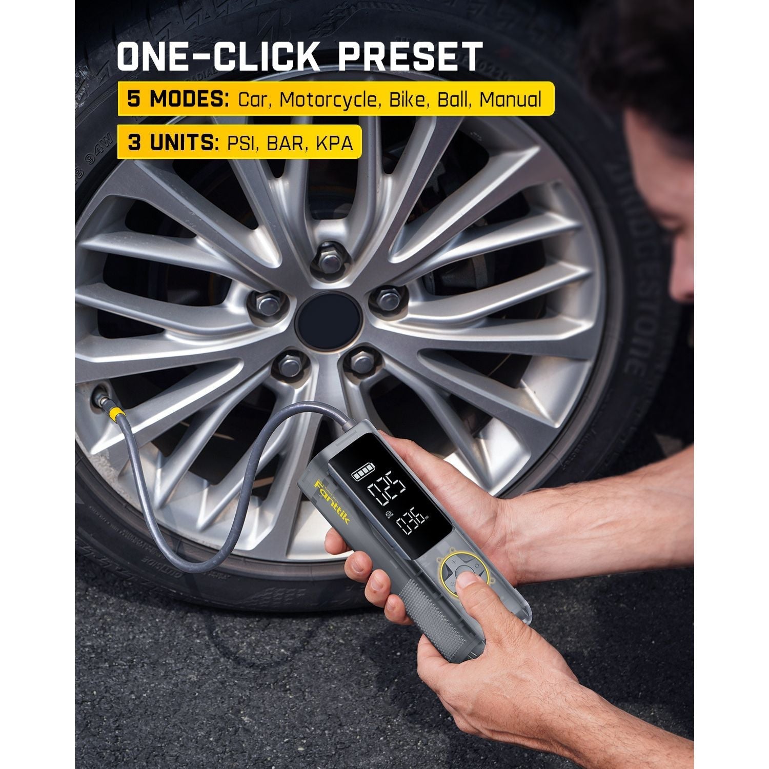 Fanttik X8 APEX tire inflator with digital PSI display, connected to car tire. Shows 5 preset modes & 3 units.