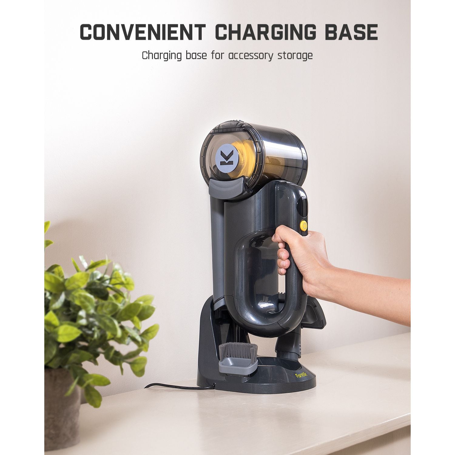Fanttik Fold V10 Ultra Deluxe Handheld Vacuum with charging base for accessory storage