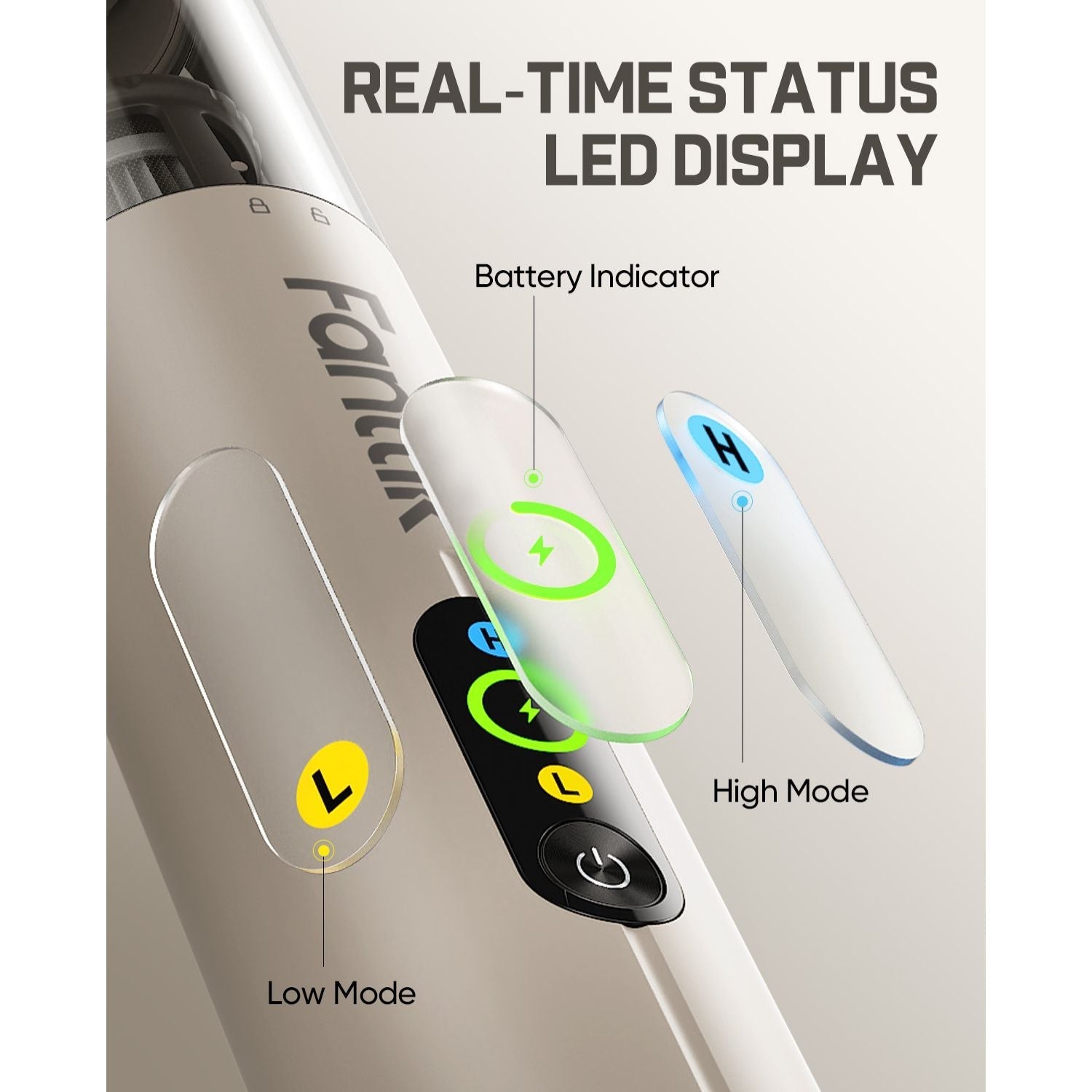 Electric shaver with labeled real-time status LED display on a gray background