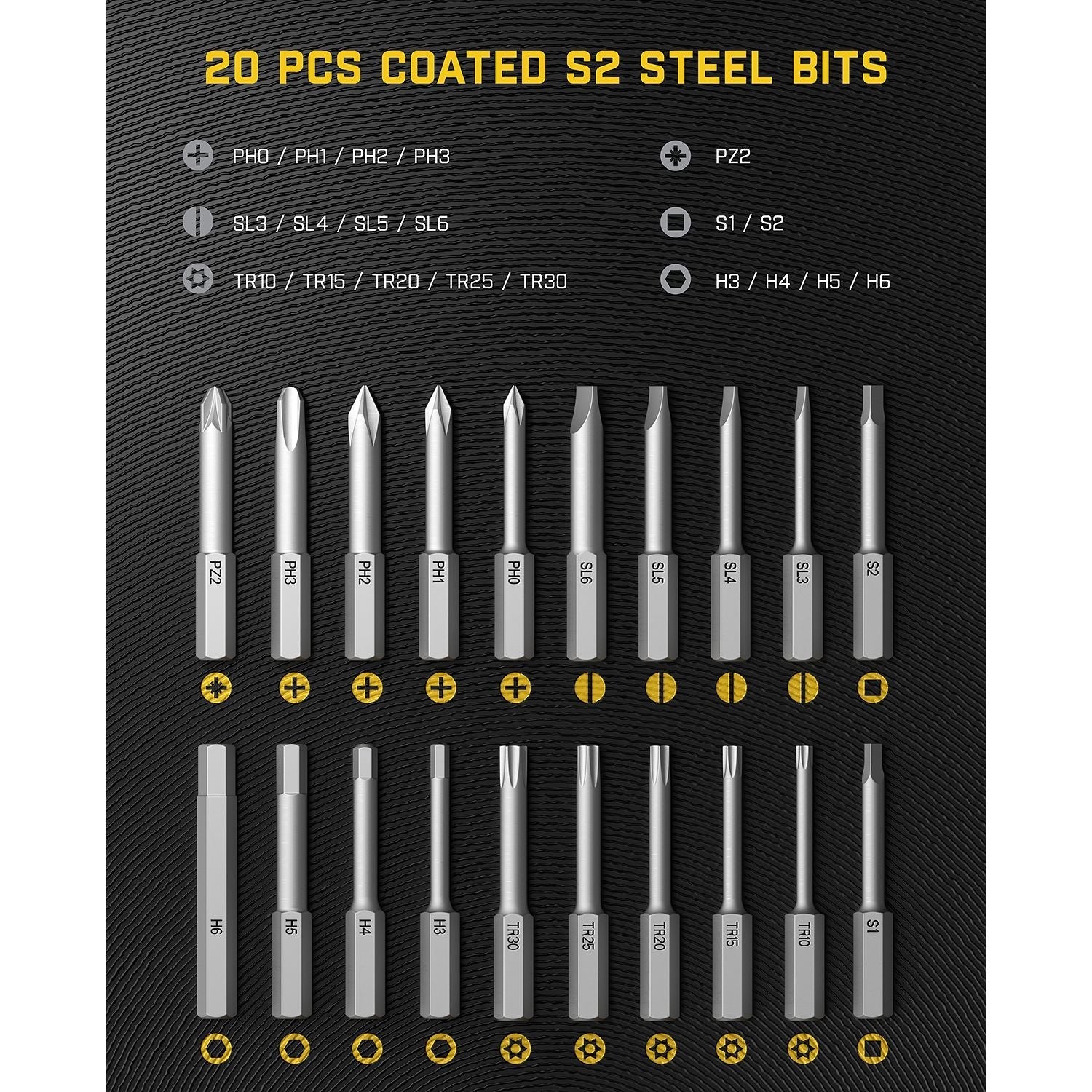 Fanttik Fold S1 APEX Cordless Screwdriver 20 coated S2 steel bits set with PH, SL, TR, PZ, S, and H types