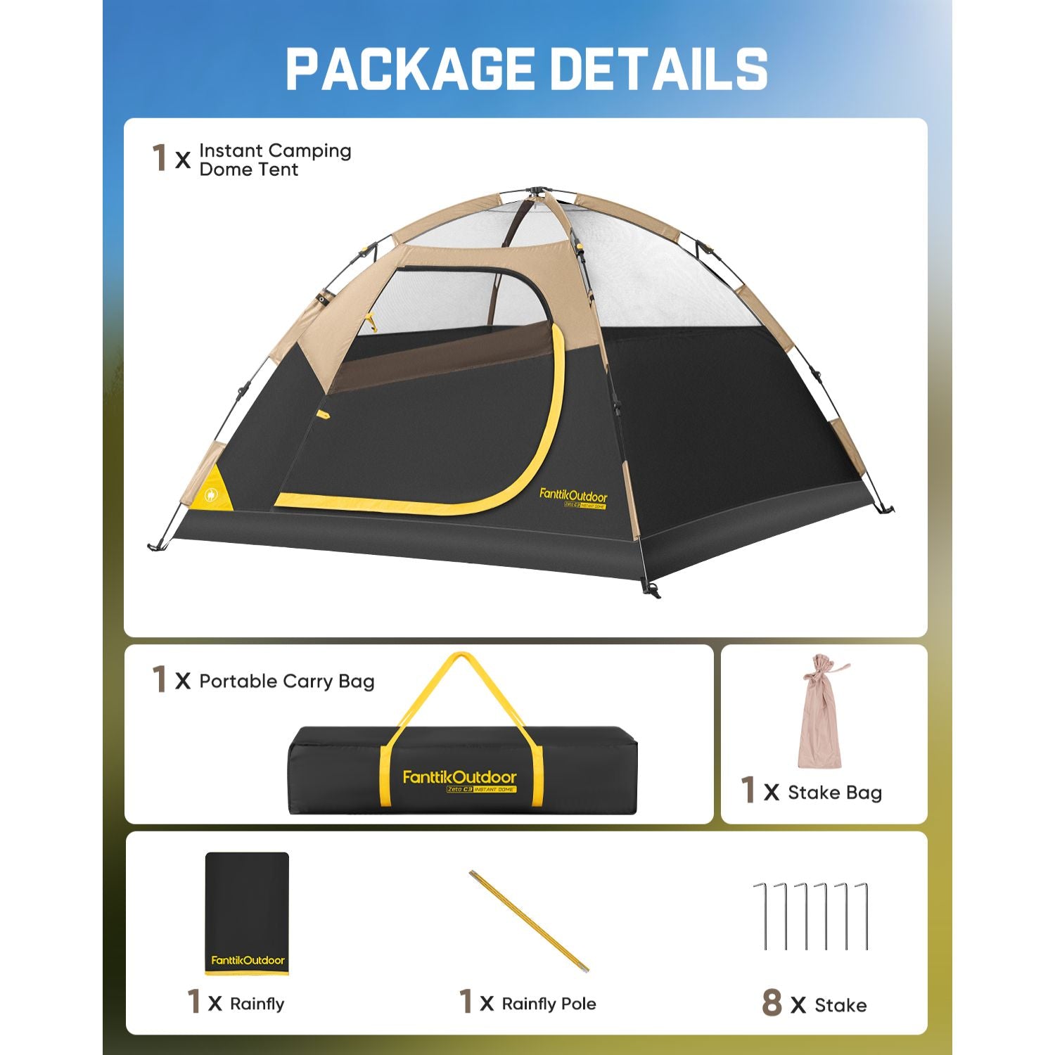 FanttikOutdoor instant dome tent package details with carry bag, stake bag, rainfly, pole, and 8 stakes