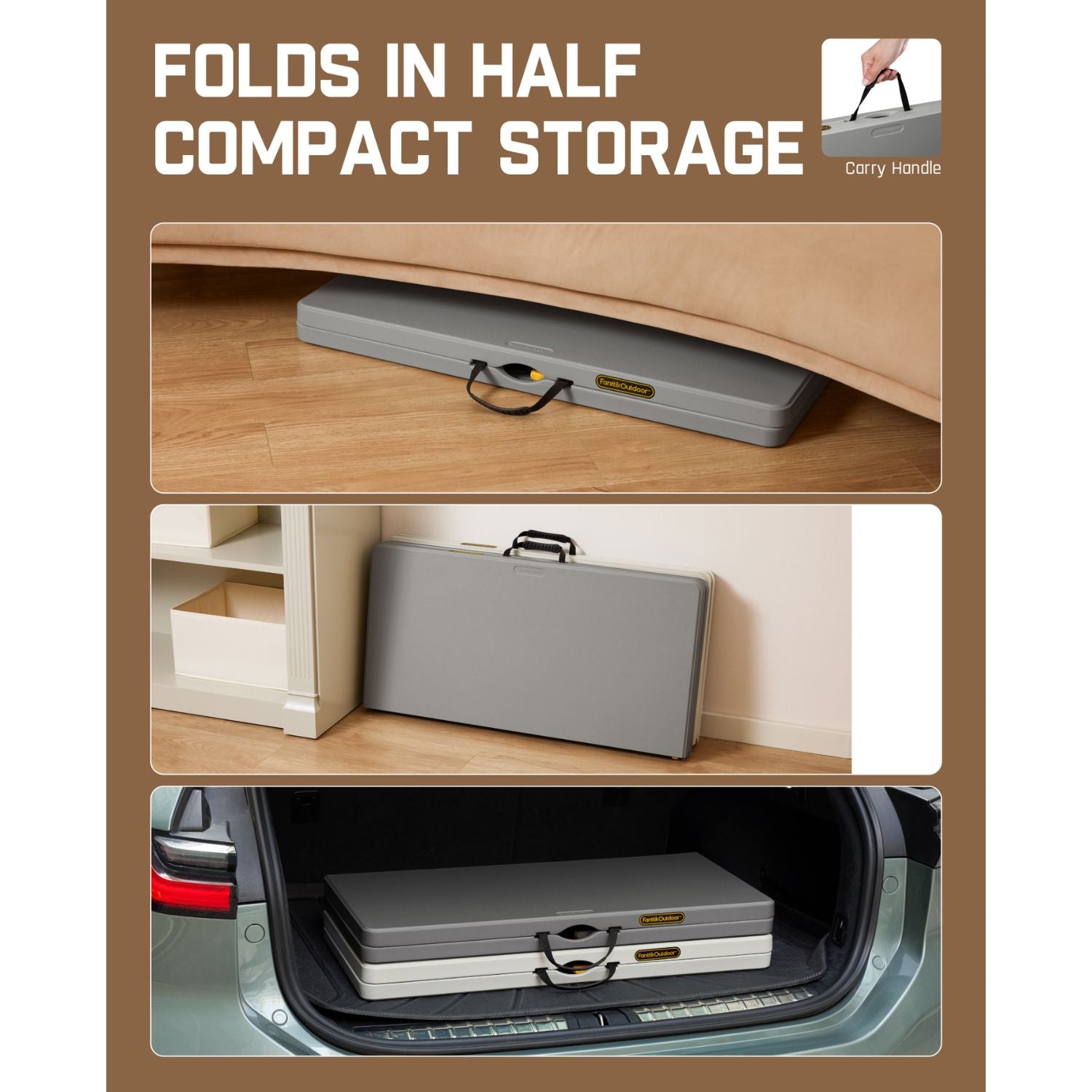 FanttikOutdoor Zeta S4 Pro 34" folding table: compact storage under bed, by shelf, in car trunk with carry handle.