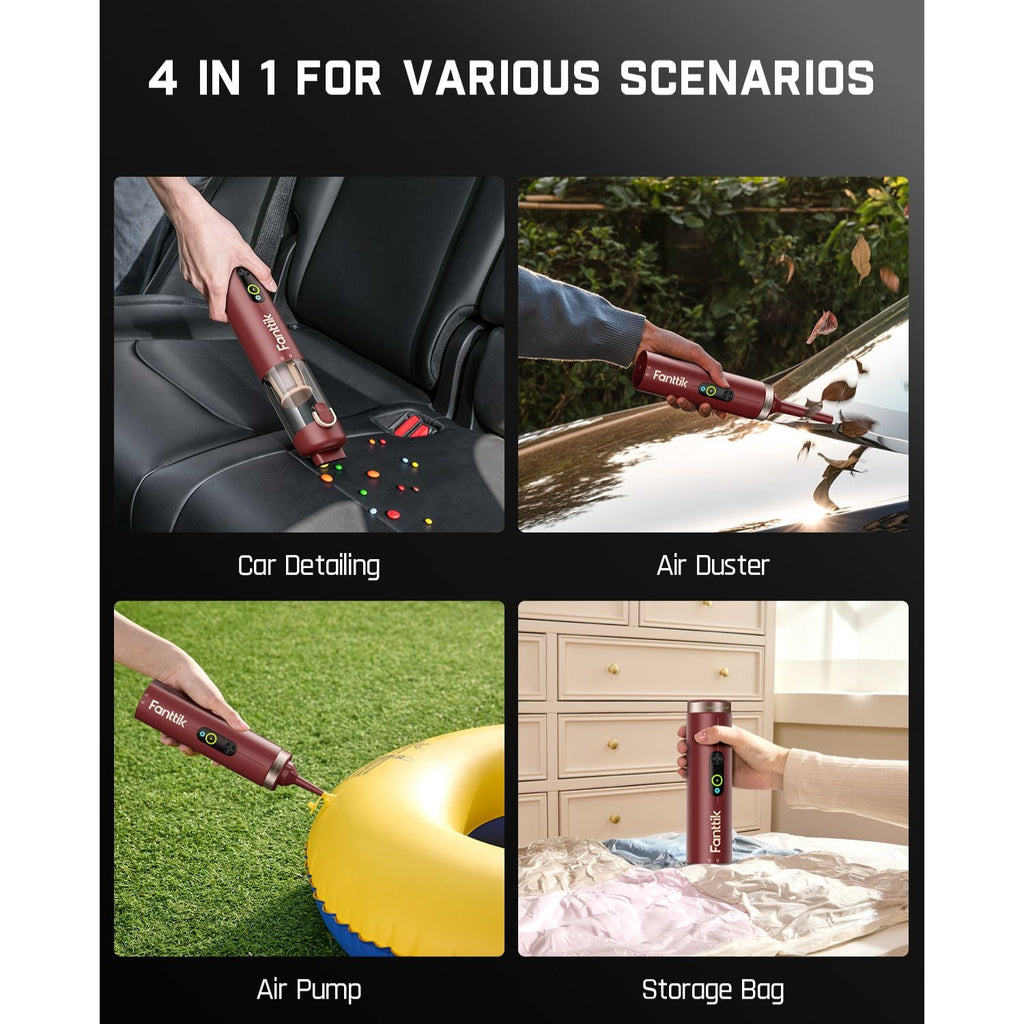 Fanttik Slim V10 Apex vacuum in car detailing, air duster, air pump, and storage bag use. Versatile 4-in-1 device.