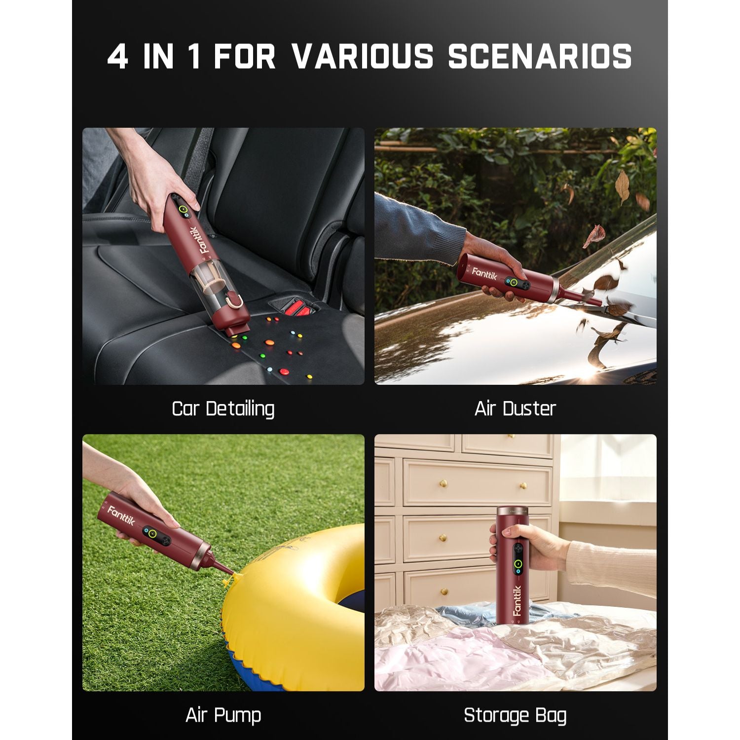 Fanttik Slim V10 Apex vacuum in car detailing, air duster, air pump, and storage bag use. Versatile 4-in-1 device.