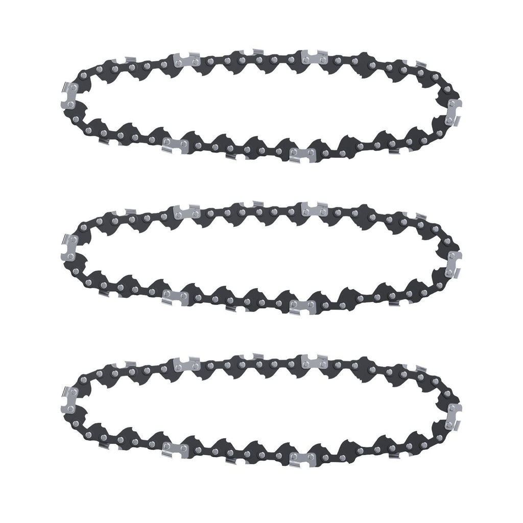 Three black 4-inch mini chainsaw chains with silver cutting teeth and links