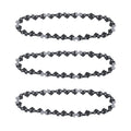 Three black 4-inch mini chainsaw chains with silver cutting teeth and links