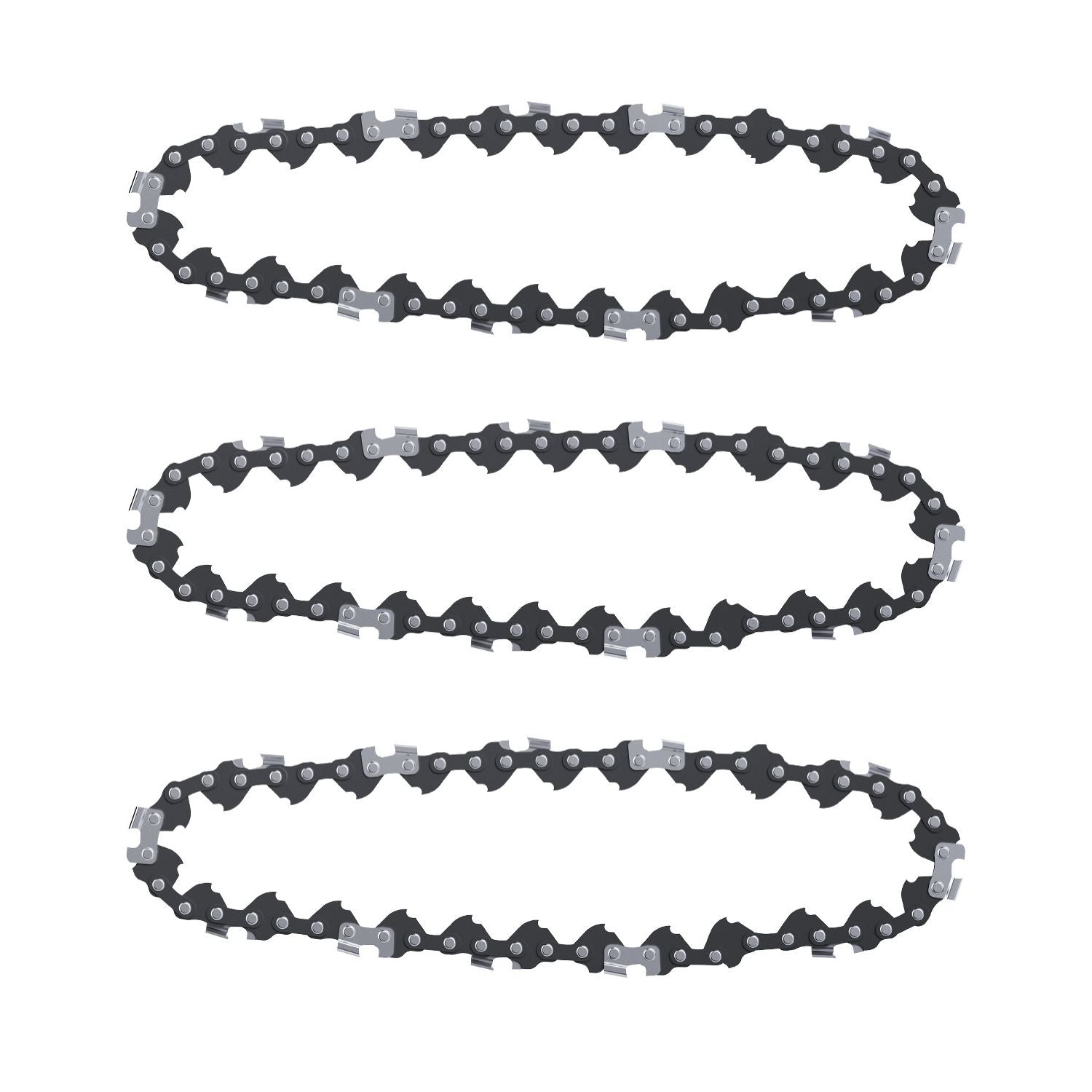 Three black 4-inch mini chainsaw chains with silver cutting teeth and links