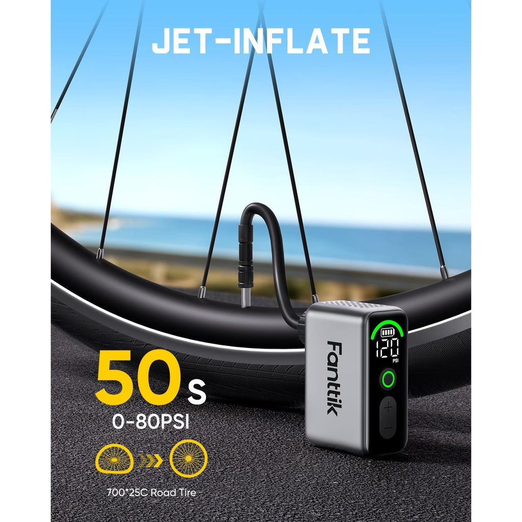 Fanttik X10 Ace Tiny Bike Pump inflates 700x25C tire 0-80 PSI in 50s. Features digital display showing 120 PSI.